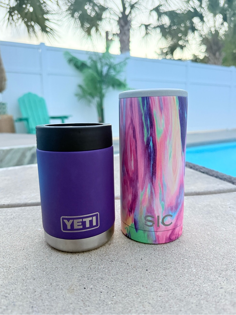 2 Koozies  Yeti Purple Can Insulator with Multicolor Marble SIC Slim Can Cooler